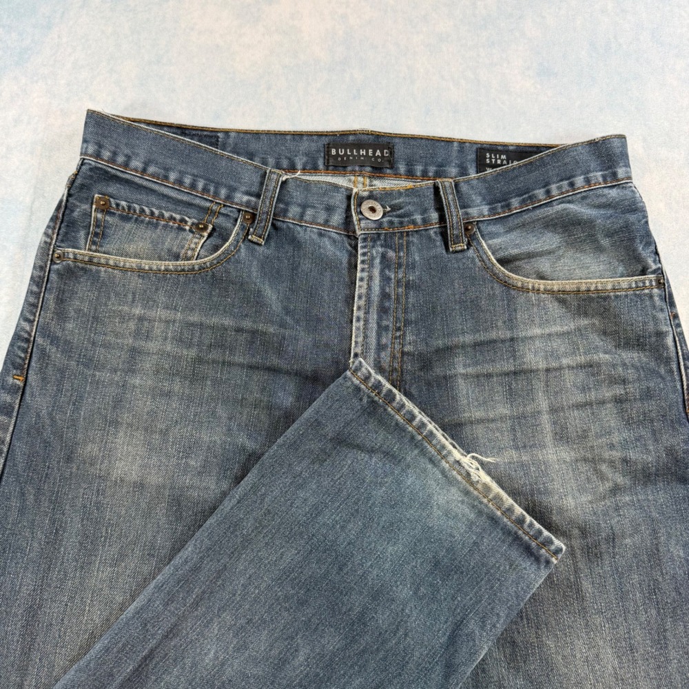Bullhead Slim Straight Jeans Mens 34x34 Blue Good Distressed Cotton Denim
